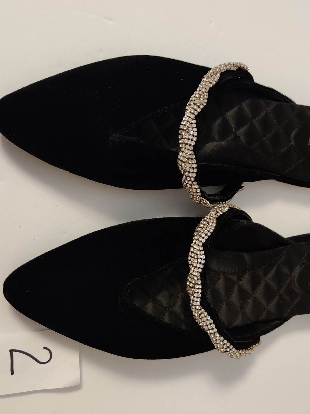 Birdies Black Velvet Pointed Toe Flats with Rhinestone Ankle Strap 9.5